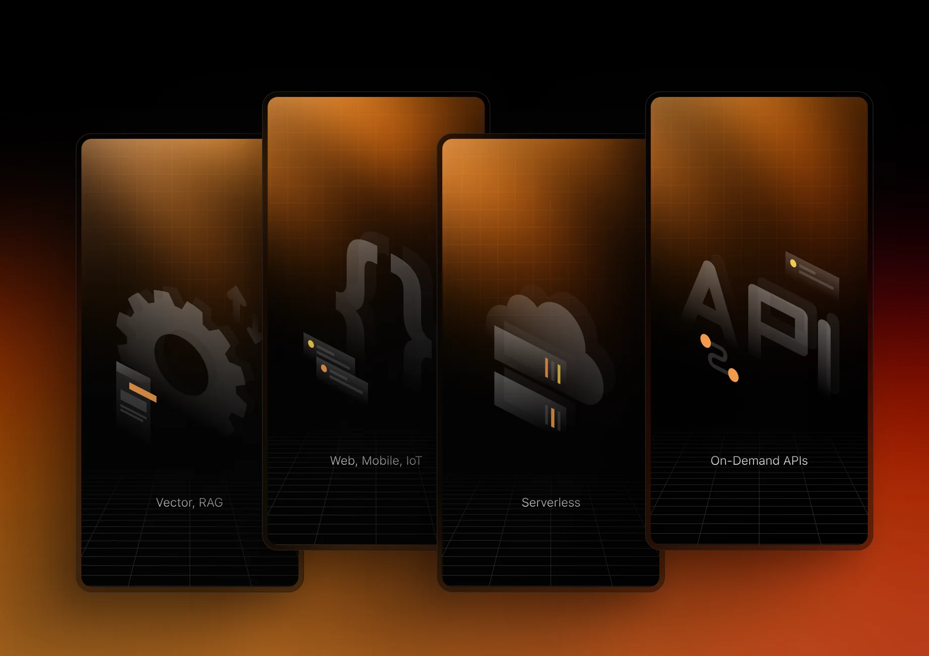 Neurelo marketing feature cards showcasing Vector RAG, Web Mobile IoT, Serverless, and On-Demand APIs