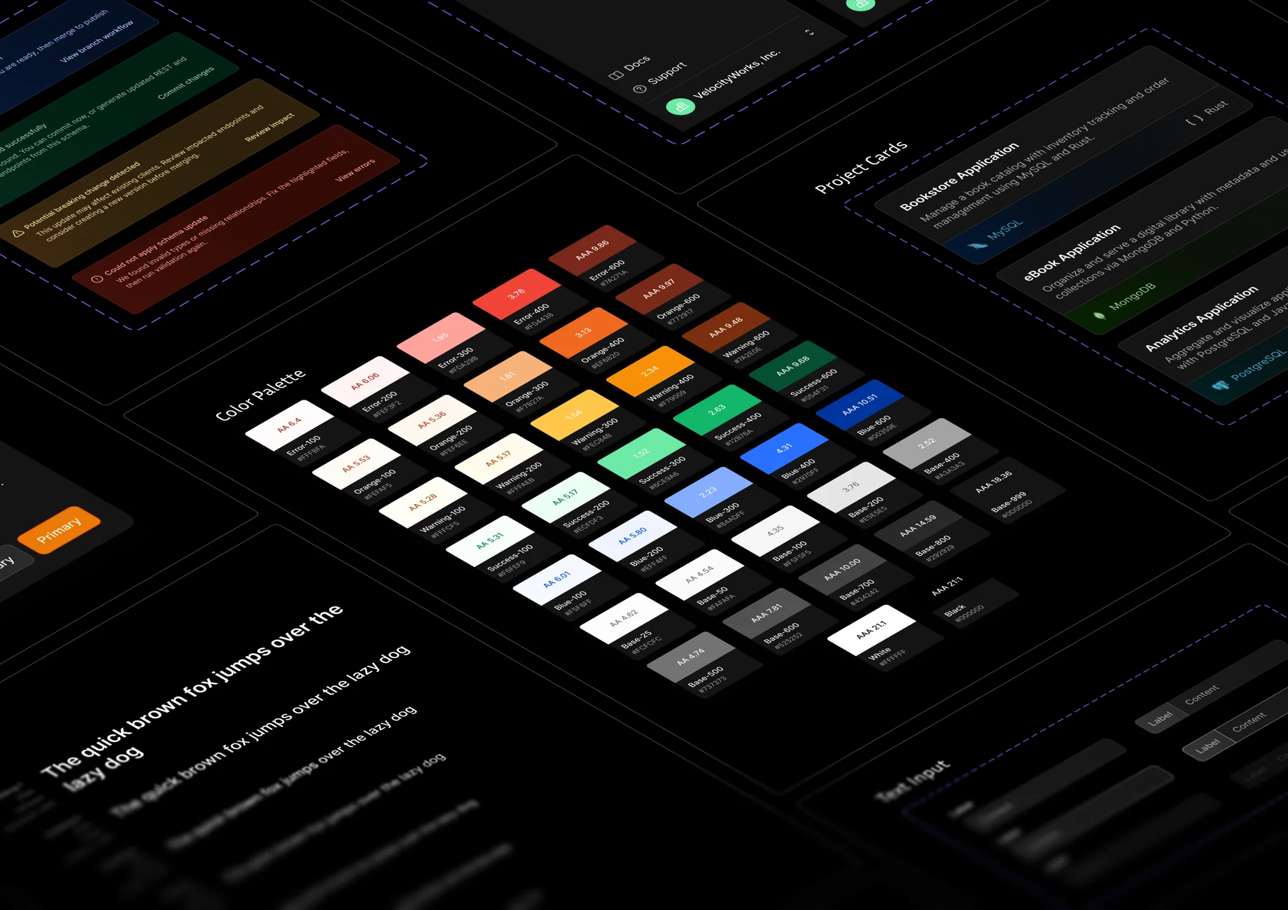 Neurelo design system overview showing color palette with accessibility contrast ratios, component library, and typography specimens