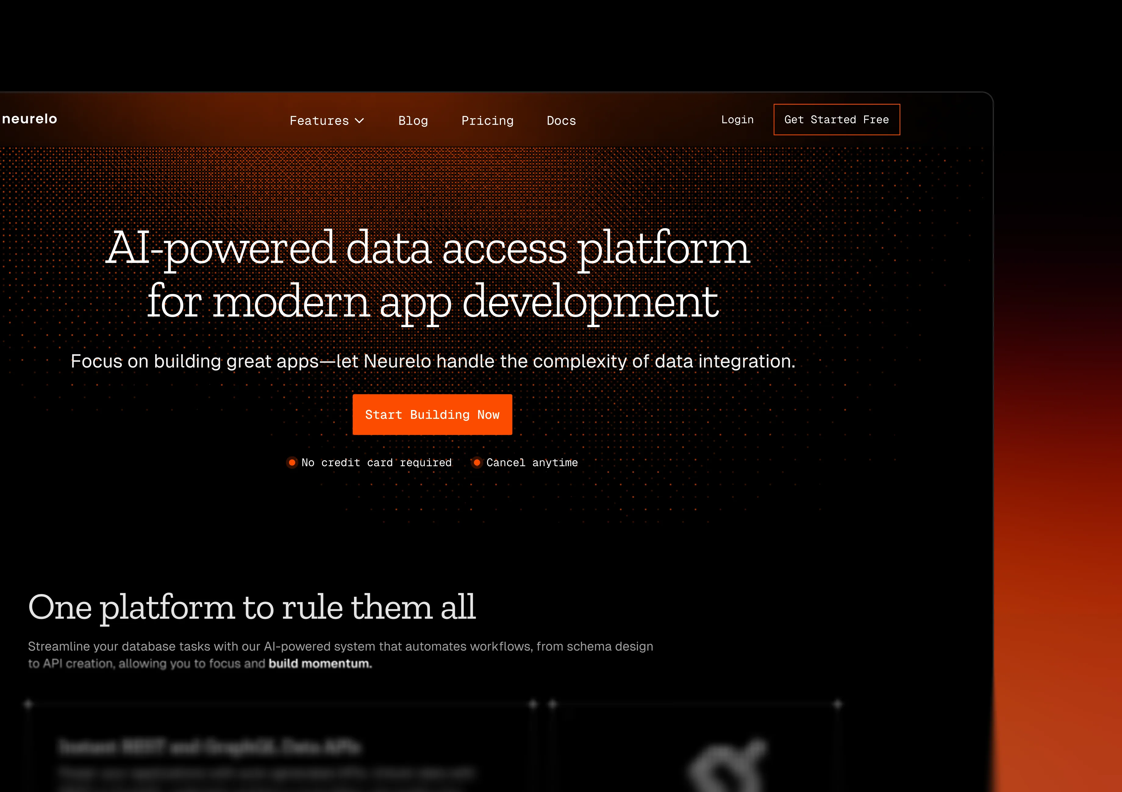 Neurelo marketing website hero section with AI-powered data access platform headline