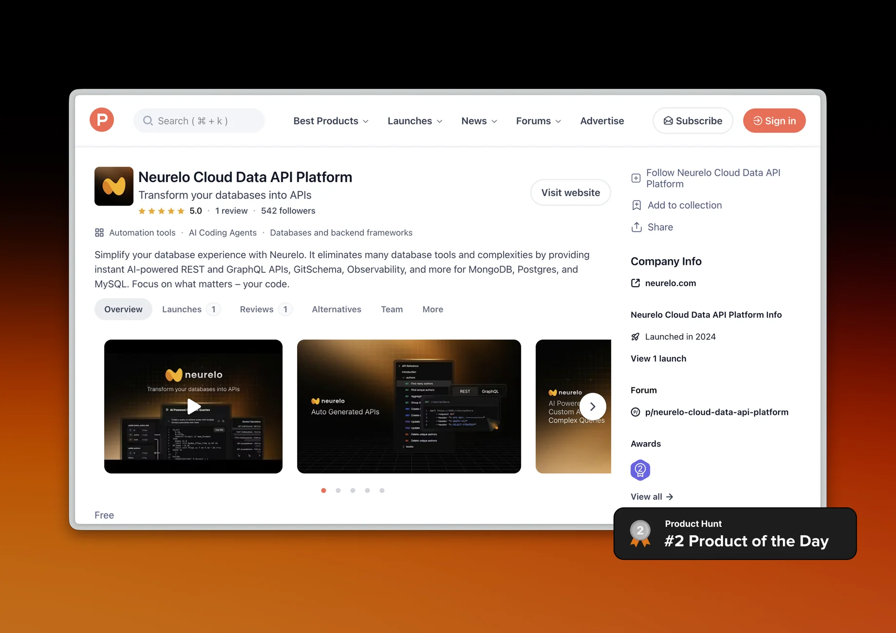 Neurelo Product Hunt launch page showing #2 Product of the Day award with 5.0 rating and 542 followers