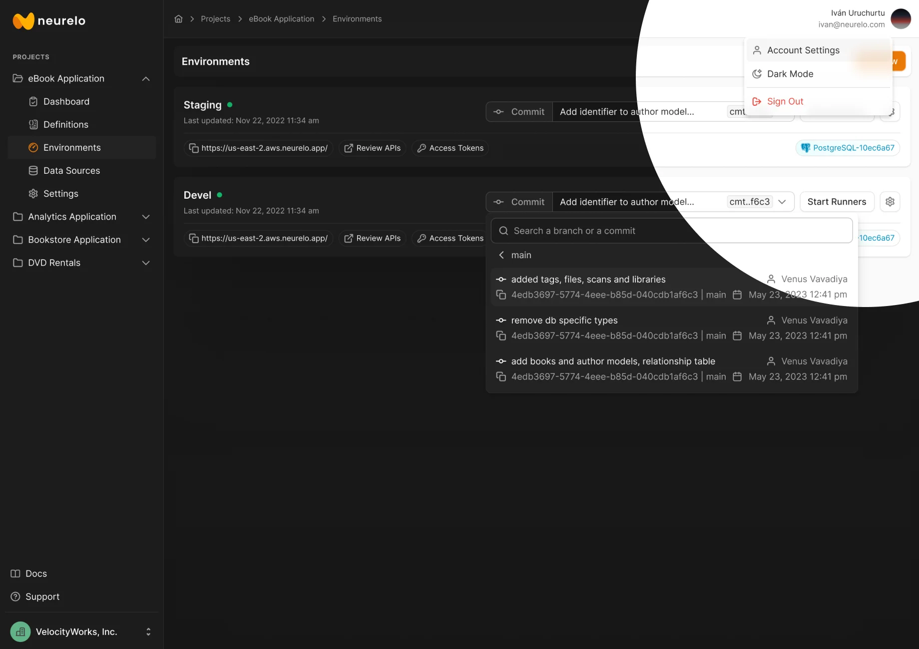 Neurelo product showing light and dark theme applied across environments view with commit history and branch selector