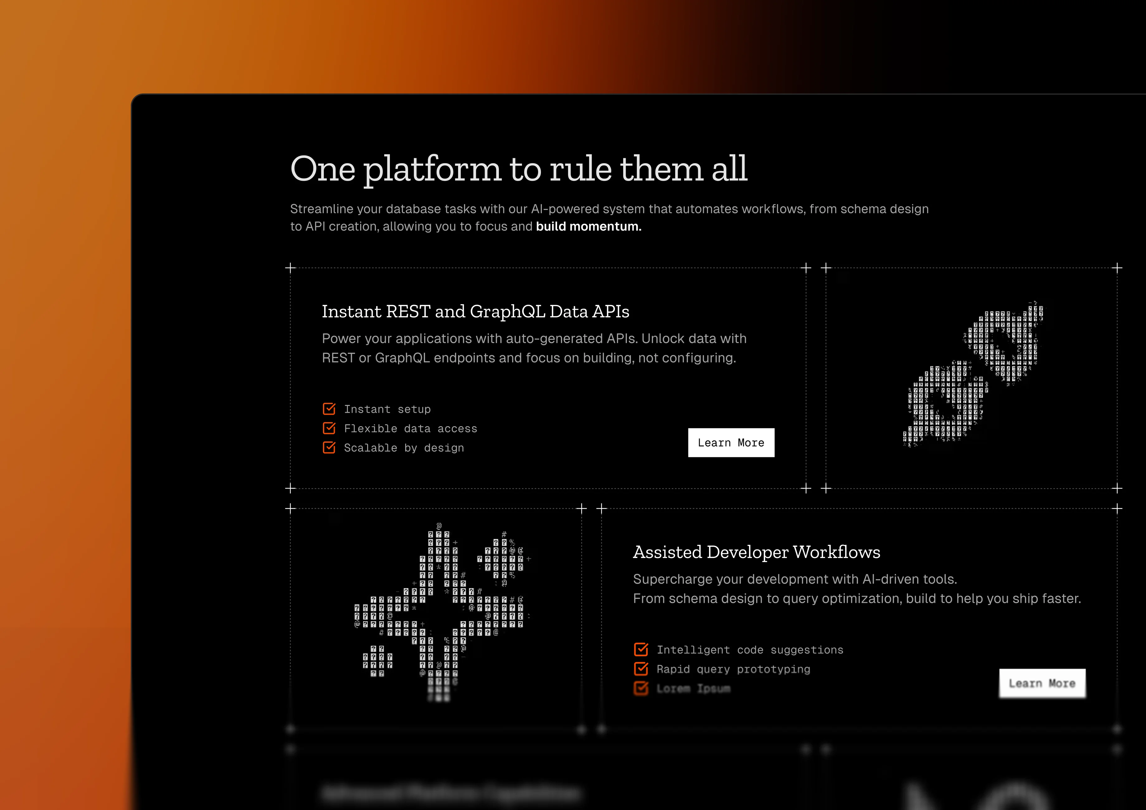 Neurelo marketing website features section highlighting REST and GraphQL APIs with ASCII art illustrations