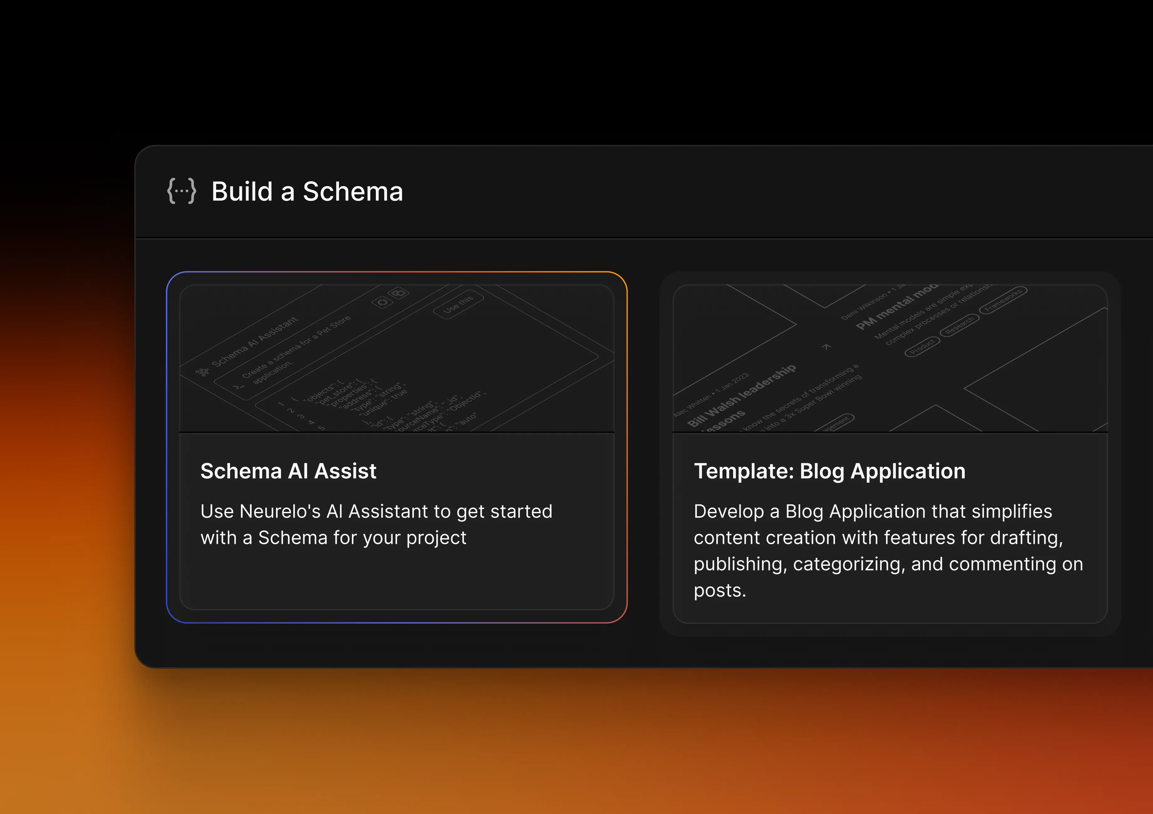 Neurelo schema builder with AI assist and blog application template options