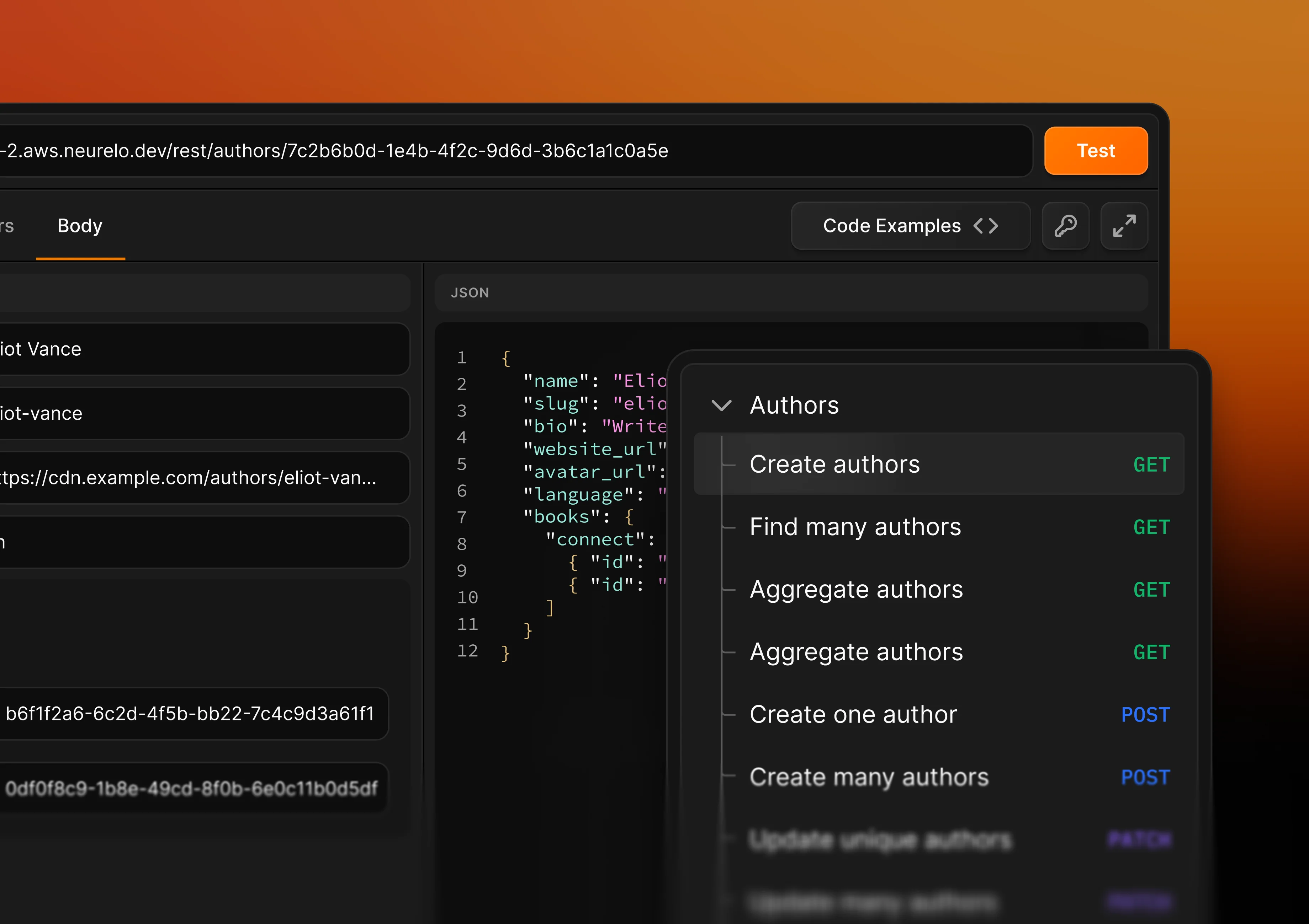Neurelo API playground showing JSON response body and available REST endpoints for authors