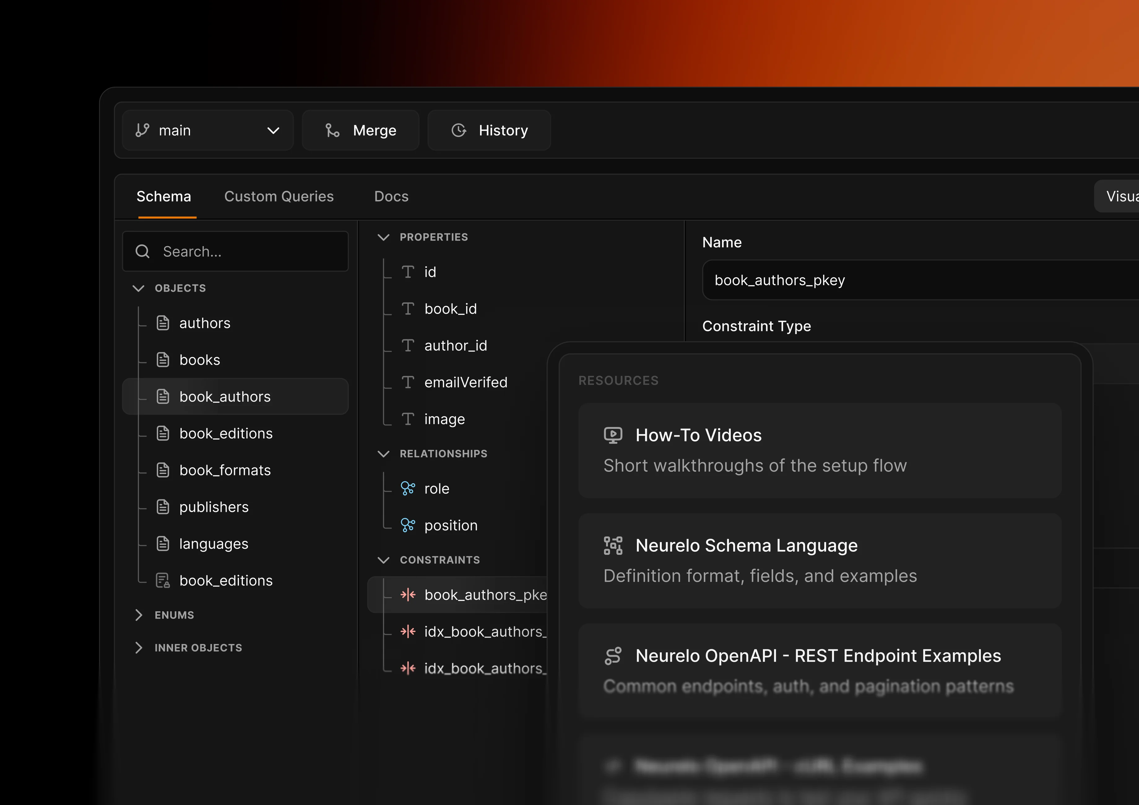 Neurelo visual JSON editor showing schema properties, relationships, constraints, and documentation resources