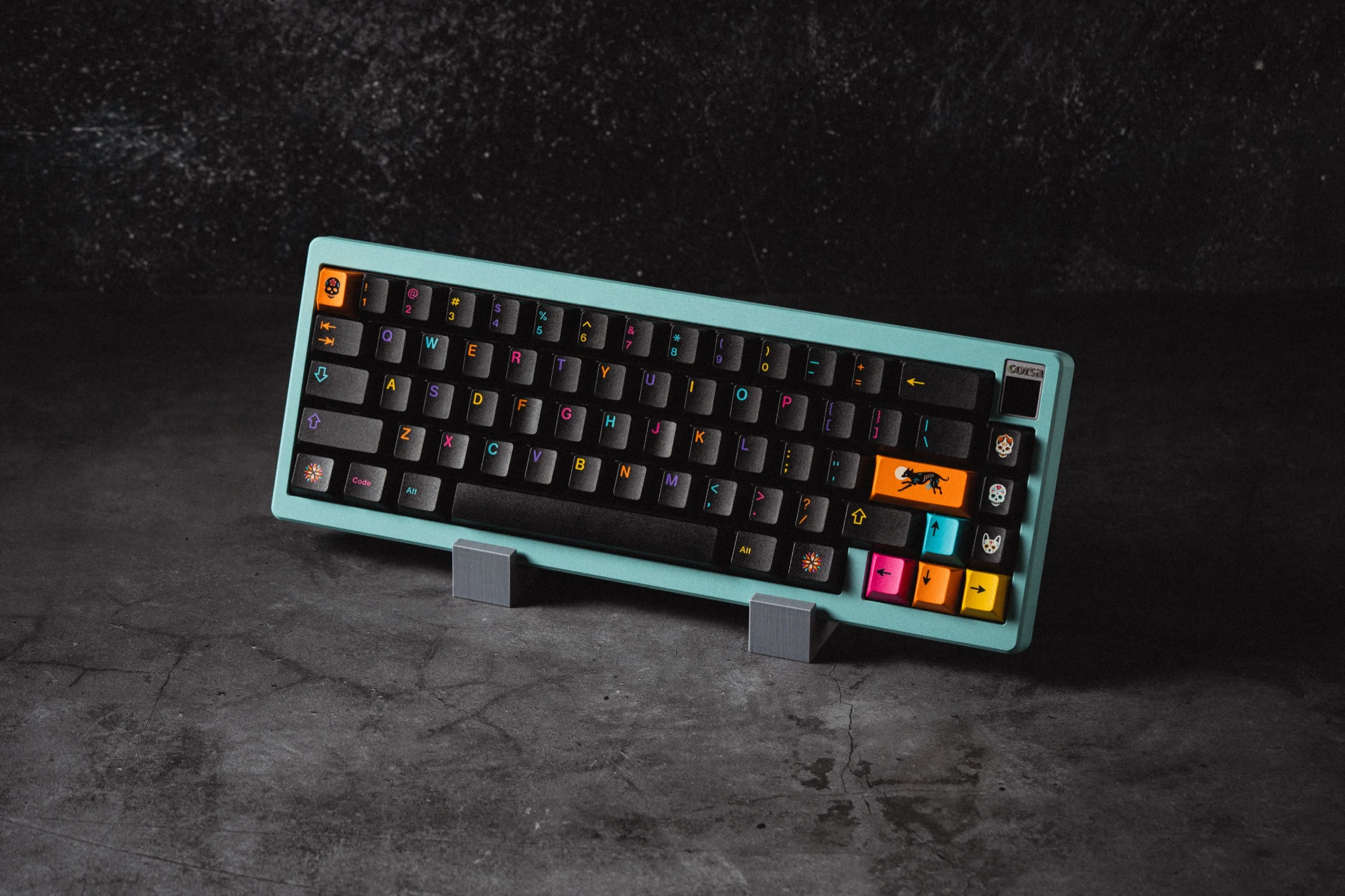 GMK Mictlán keyboard on stand with colorful accent keys