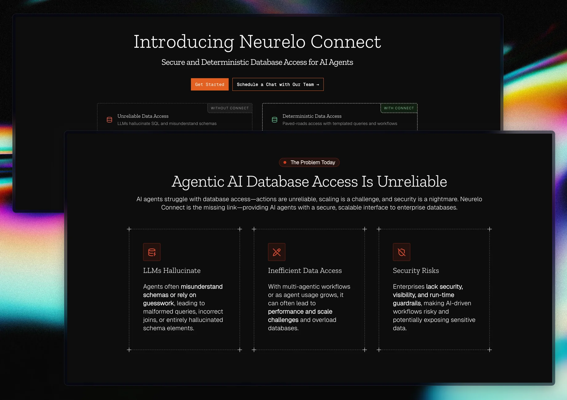 Neurelo Connect marketing website showing hero section and problem statement about unreliable agentic AI database access