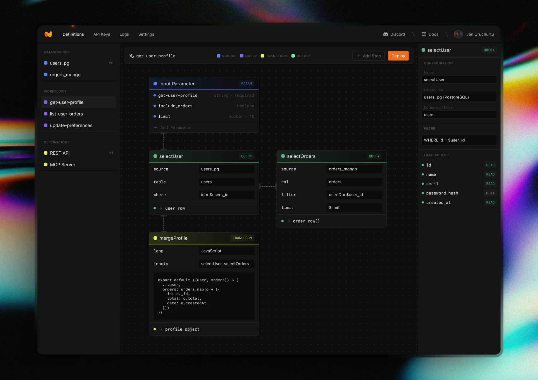 Neurelo Connect workflow builder showing get-user-profile definition with query steps, data sources, transform logic, and field access controls