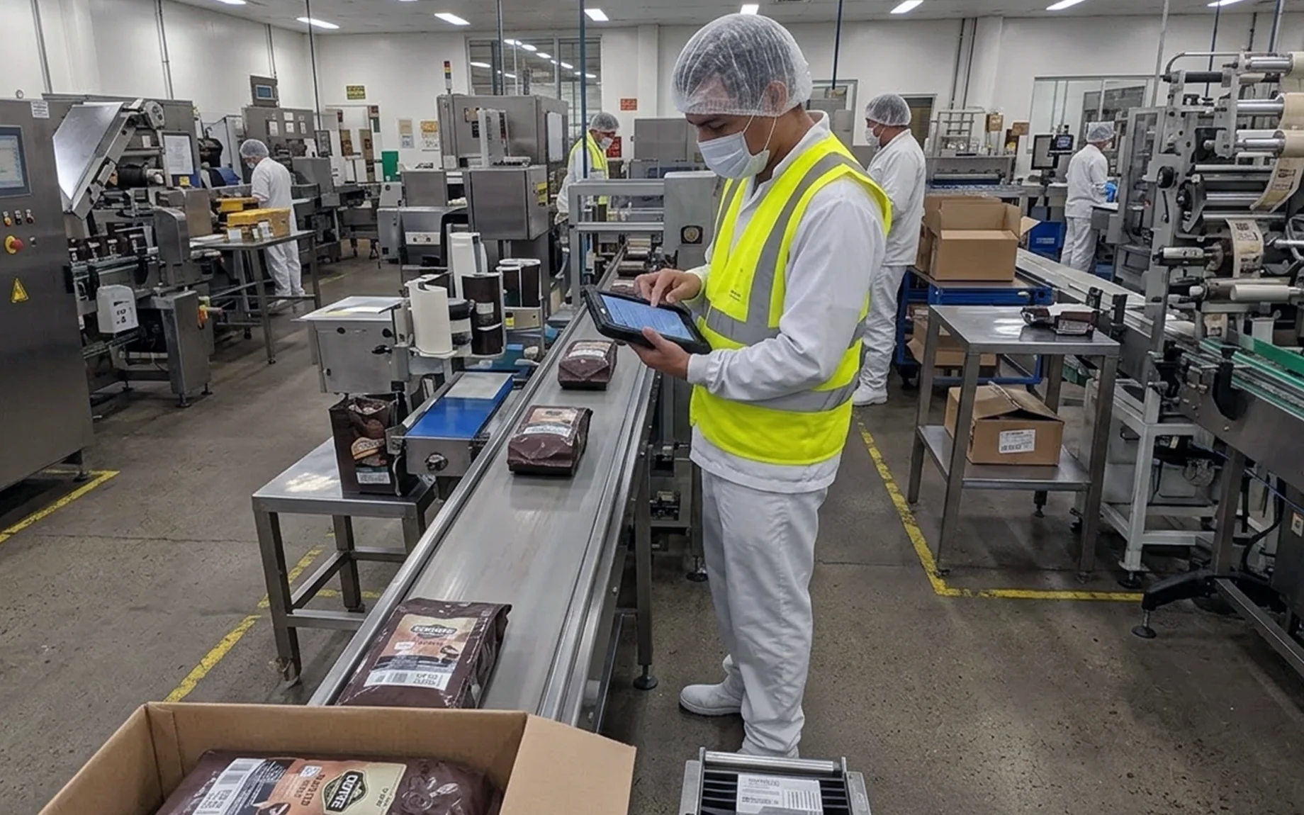Worker using tablet on a food manufacturing conveyor belt line