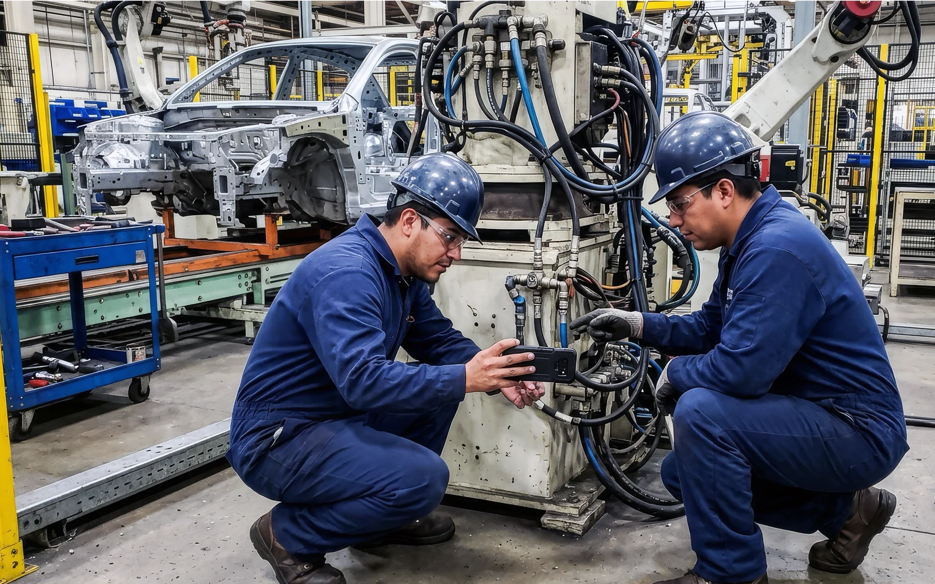 Two automotive workers using mobile device on assembly line floor