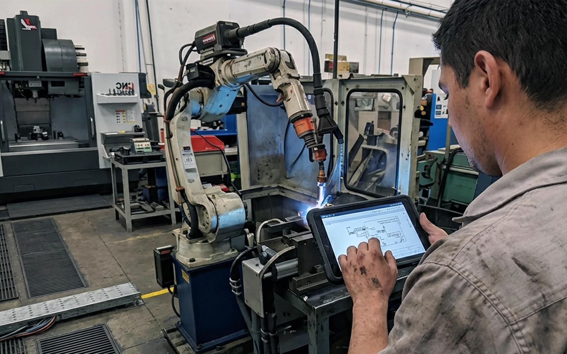 Worker reviewing diagrams on tablet next to welding robot