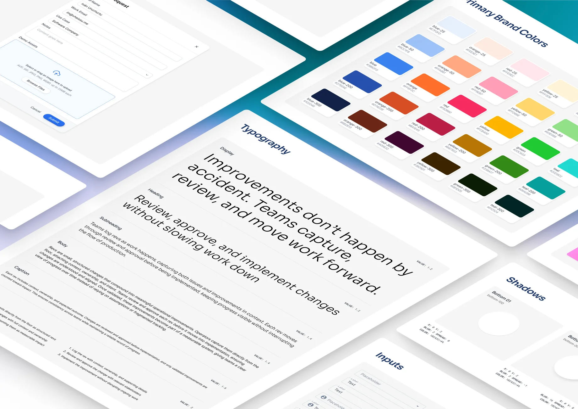 Rever design system showing brand colors, typography scale, shadows, and input components