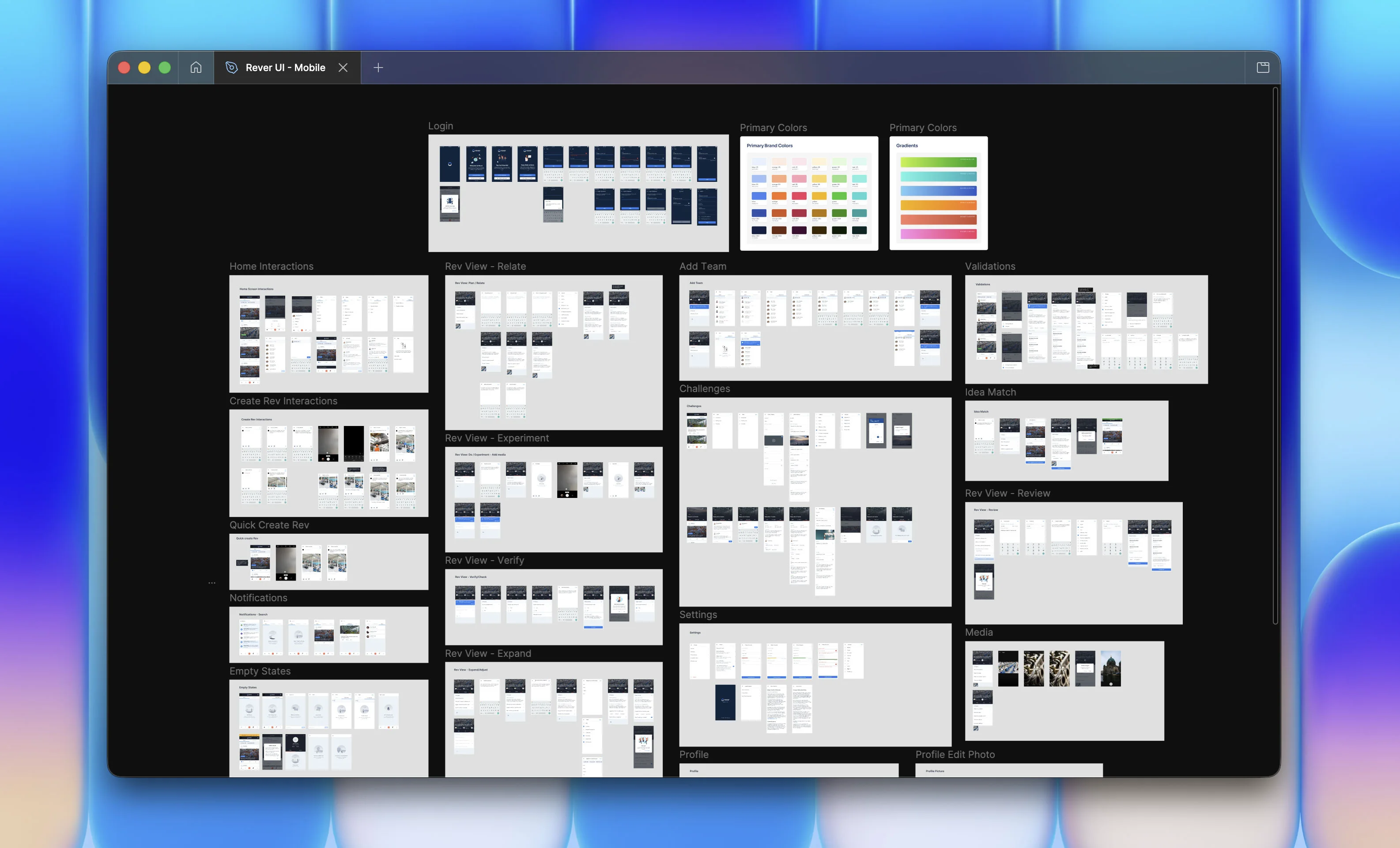 Figma file overview of the Rever UI Mobile project showing organized frames for login, interactions, rev views, challenges, and component screens
