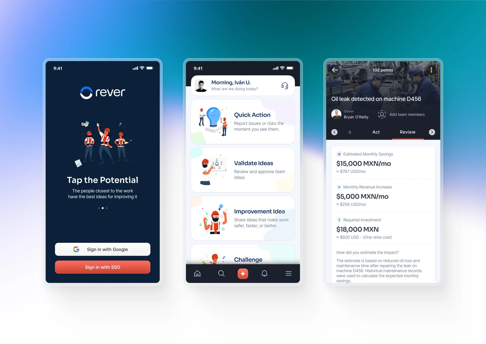 Rever mobile app screens showing onboarding, home dashboard with quick actions, and idea review with estimated impact