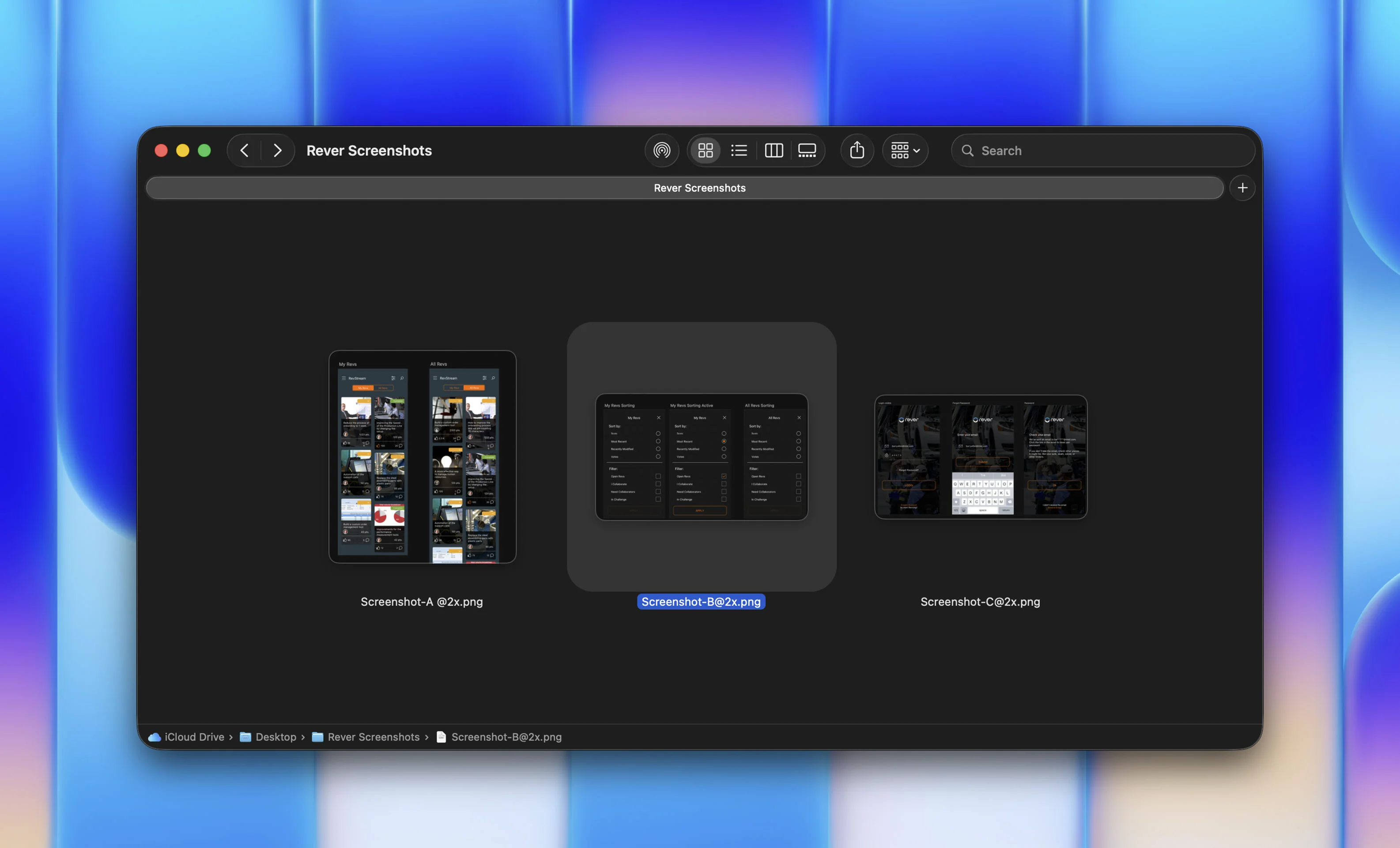 Finder window showing the inherited Rever Screenshots folder with only screenshot PNG files and no source design files